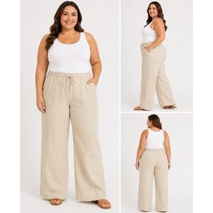 Cato Women's 26/28W Beige Linen Blend Pants Wide Leg Pull On Elastic Waist